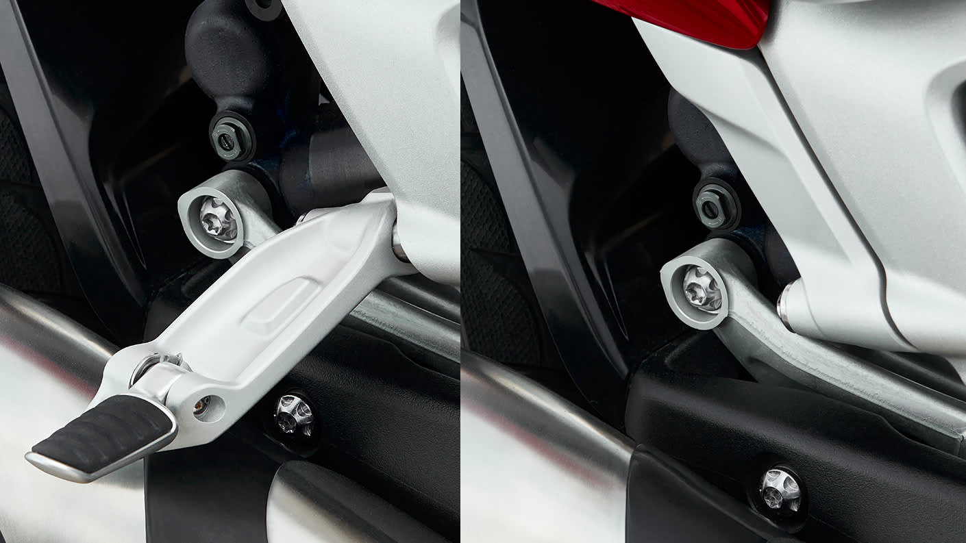 Triumph Rocket 3 R showing the fully foldaway pillion footrests that can be can be hidden from view